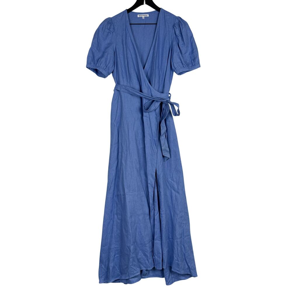 Reformation Weiss 100% Linen Dress Maxi Long Blue Wrap - S
